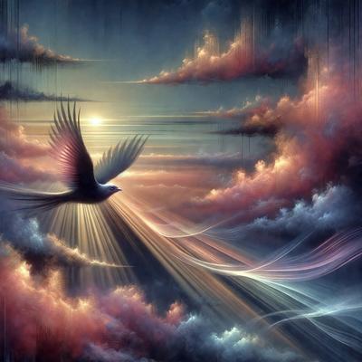 The primary subject of the image is a bird flying through a colorful, cloudy sky. The bird is the main focus of the scene, and it appears to be soaring through the air. The setting is a vibrant, artistic backdrop with clouds and a sunset, creating a lively and dynamic atmosphere. The visual style of the image is a combination of digital art and illustration, with the bird and clouds depicted in a detailed and realistic manner. The colors and mood of the image are predominantly warm and inviting, with the sunset and clouds adding a sense of tranquility and beauty to the scene.